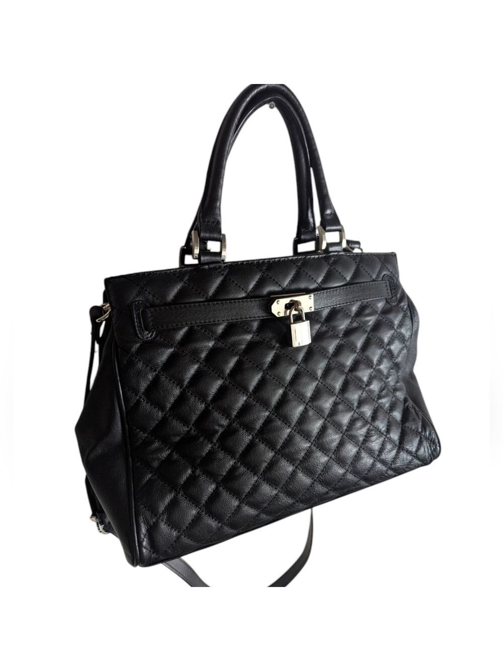 Danier Black Quilted Leather Satchel with Silver Hardware